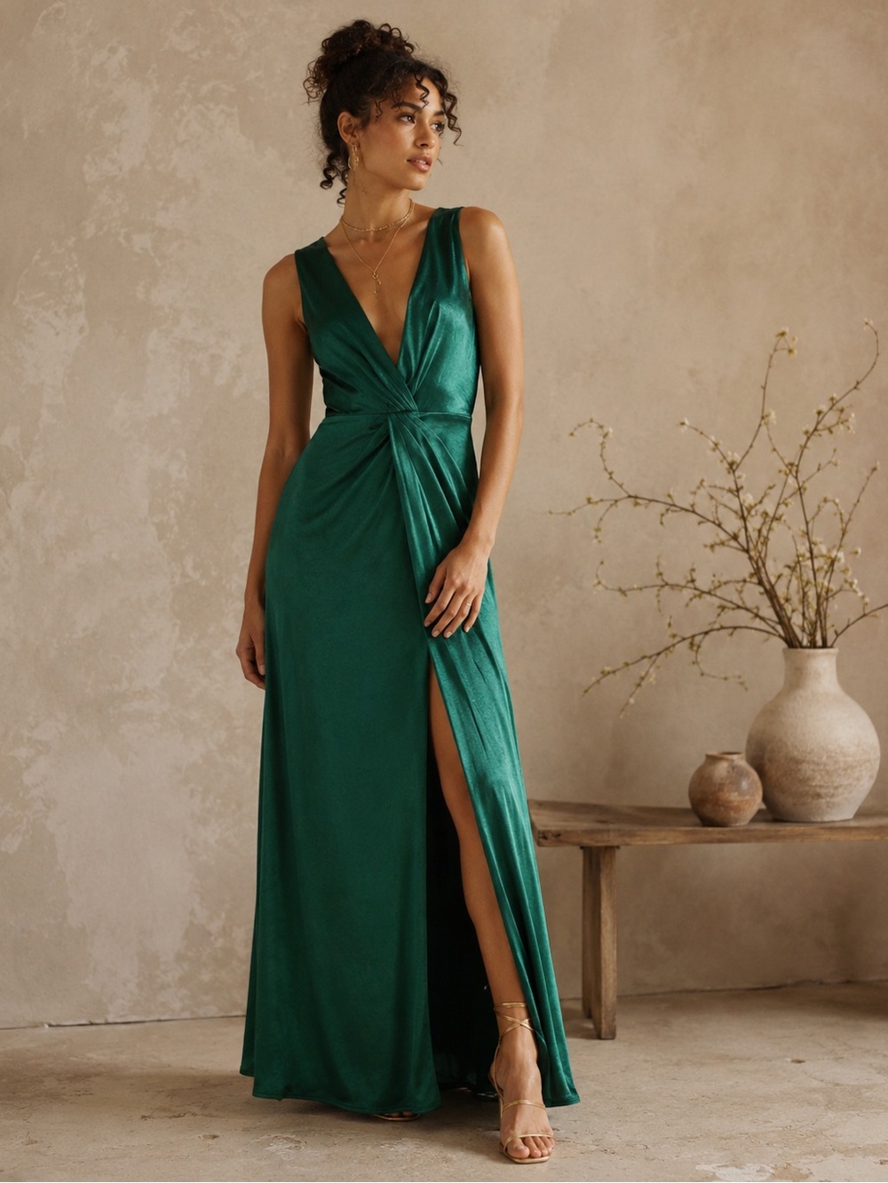 NEW Lulus Perfect Refinement Emerald Green Satin Sleeveless Pleated Maxi Dress L